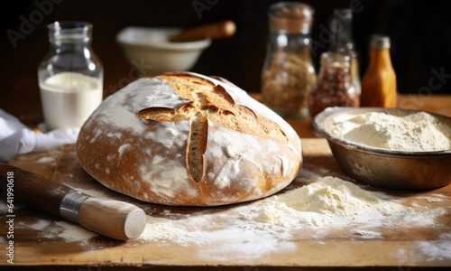 Freshly baked bread and ingredients on a table