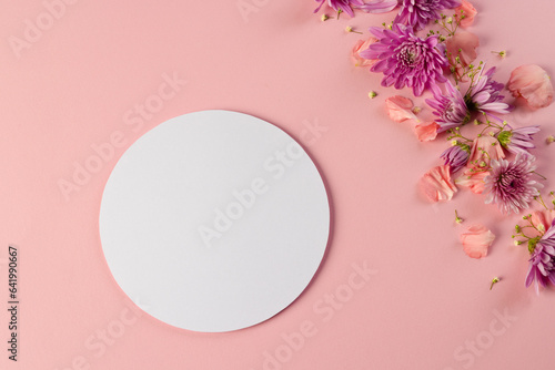 Pink flowers and white circle with copy space on pink background