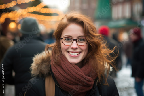 Wallpaper Mural Young smiling woman in winter clothes at street Christmas market in Brussels Torontodigital.ca