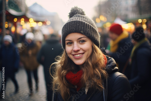 Young smiling woman in winter clothes at street Christmas market in Brussels
