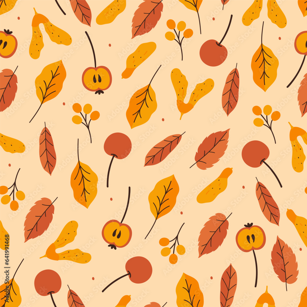 Seamless autumn pattern with mini apples, leaves, seeds and berries. Vector graphics. Seamless autumn pattern with mini apples, leaves, seeds and berries. Vector graphics.