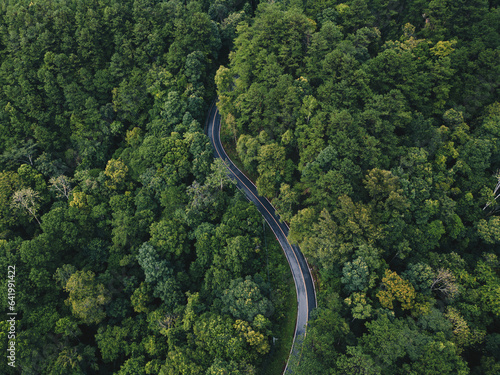 Aerial view road in the middle forest, Top view road going through green forest adventure, Ecosystem ecology healthy environment road trip travel net zero
