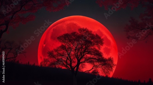Red full moon and tree in the forest. Generative ai