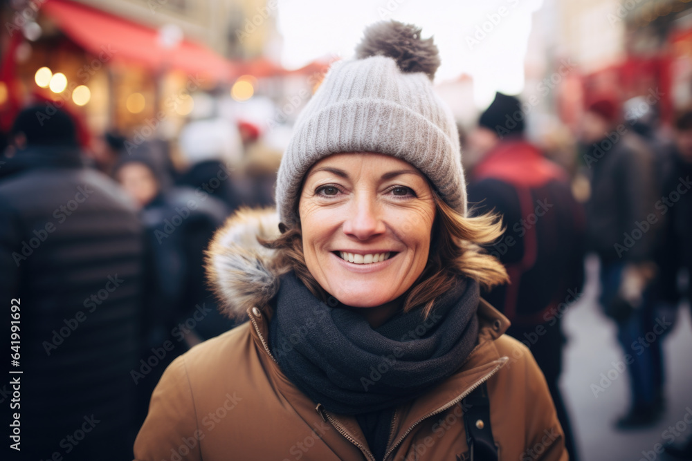 Happy smiling middle aged woman in winter clothes at street Christmas market in Paris Happy smiling middle aged woman in winter clothes at street Christmas market in Paris