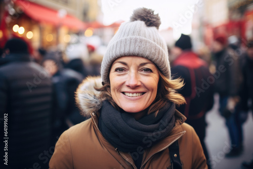 Happy smiling middle aged woman in winter clothes at street Christmas market in Paris