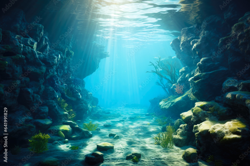 An underwater scene in a cave. The cave is made up of rocks and boulders, with some green plants and coral scattered around, rays of sunlight shining down from the surface