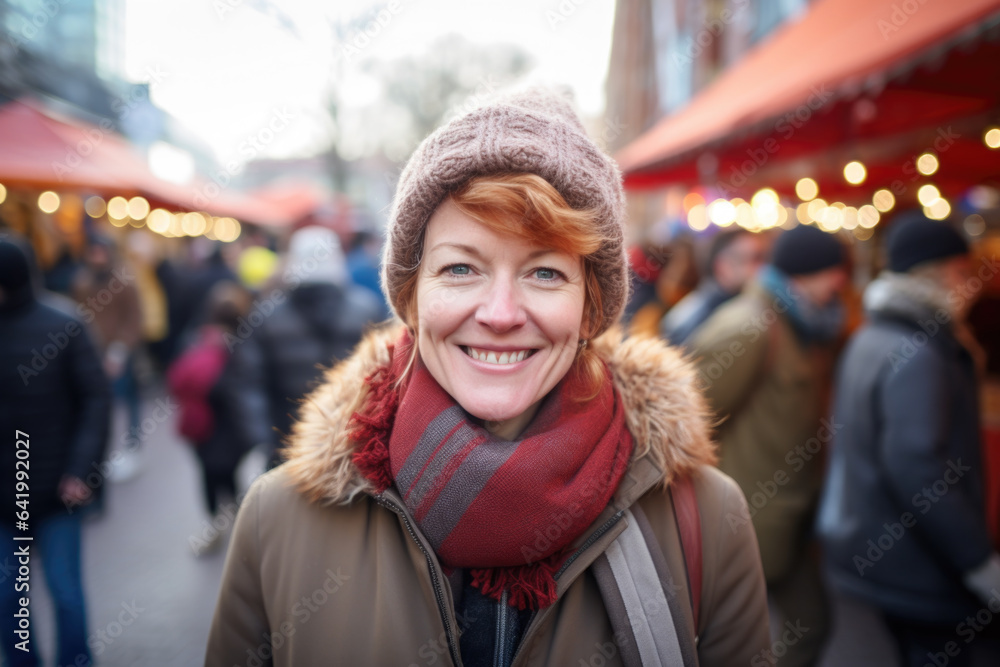 Happy smiling middle aged woman in winter clothes at street Christmas market in Berlin Happy smiling middle aged woman in winter clothes at street Christmas market in Berlin