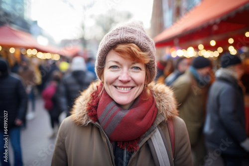 Happy smiling middle aged woman in winter clothes at street Christmas market in Berlin  © Jasmina