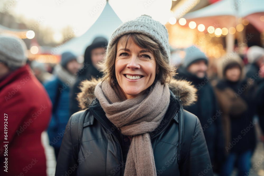 Happy smiling middle aged woman in winter clothes at street Christmas market in Utrecht Happy smiling middle aged woman in winter clothes at street Christmas market in Utrecht
