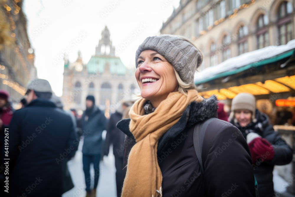 Happy smiling middle aged woman in winter clothes at street Christmas market in Vienna