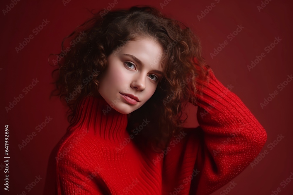 Curly woman red sweater. Generate Ai Curly woman red sweater. Generate Ai