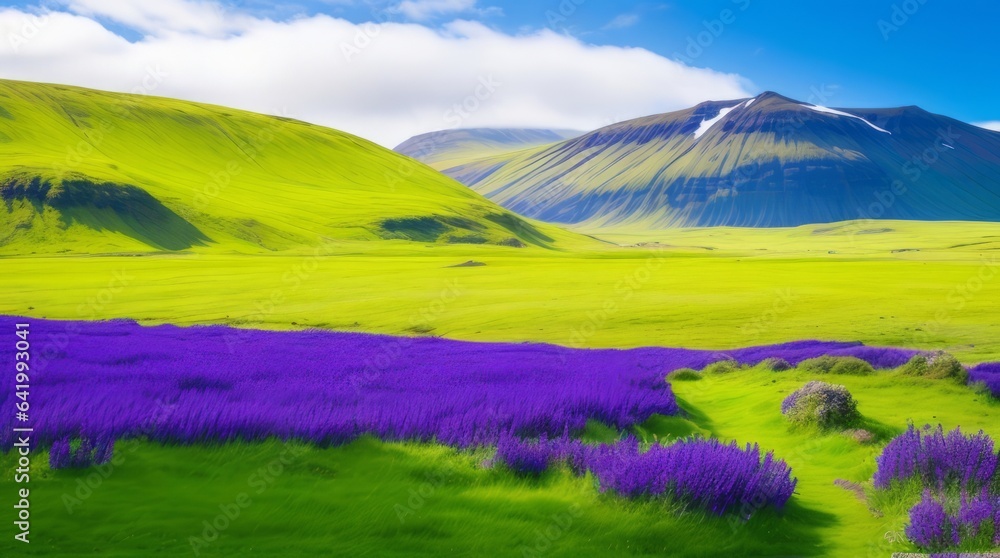 Fototapeta premium Landscape of lavender fields and mountains in the background. Generative ai