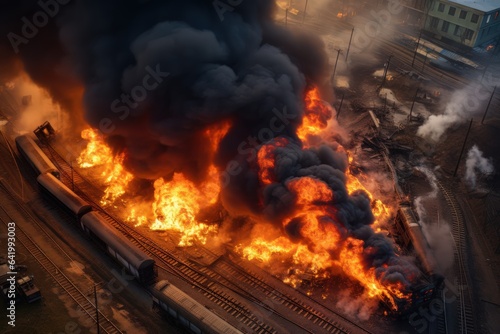 Aerical top view of a train derailed exploding with fire and smoke. Tanks burning fire with pesticides. Concept technogenic disaster. Wagons freight train carrying hazardous substances derailed.