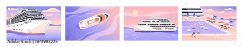 Resort on cruise liner at summer holidays set. Ship floating on the ocean, top view. Vessel journey on water. People relax in swimming pool on cruiser. Voyage, sea travel. Flat vector illustration