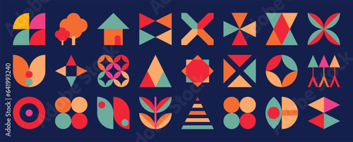 Set of abstract retro geometric shapes vector. Collection of contemporary figure, flower, tree, home in 70s groovy style. Bauhaus Memphis design element perfect for banner, print, stickers, decor.