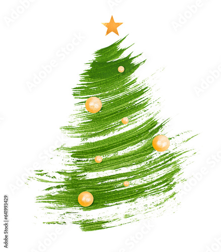 Christmas tree painted with a brush decorated with a star on top and beads.  white isolated background photo