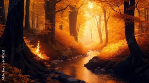 Beautiful autumn forest with a river flowing through it. Generative ai