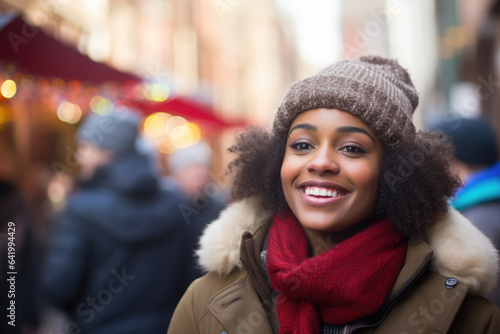Young smiling african american woman in winter clothes at street Christmas market in Amsterdam © Jasmina
