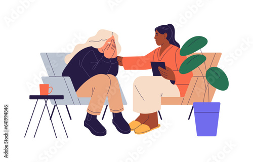 People cry at psychotherapy, psychology session. Psychotherapist support, work with mental disorders, problems. Psychologist talk with client, patient. Flat isolated vector illustration on white