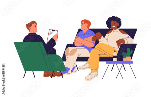 Couple quarrel at family psychotherapy, psychology session. Psychotherapist work with mental health of people, talk about misunderstandings of clients in couple. Flat isolated vector illustration