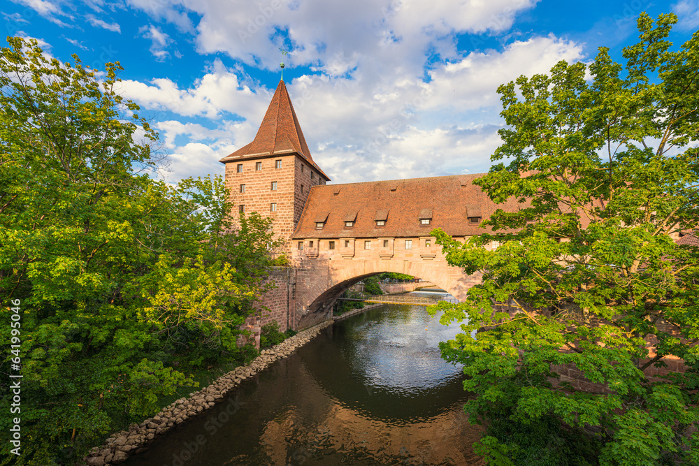 Schlayerturm, Beautiful historical landmark over the Pegnitz River in Nuremberg, city in Bavaria, Germany