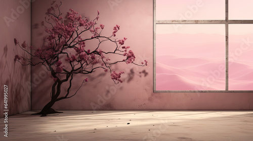 Pink room with pink blossoming tree for product showcase