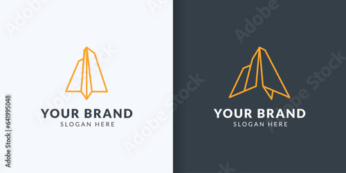 paper airplane logo design with skyscraper company. for mobile apps, home services, etc