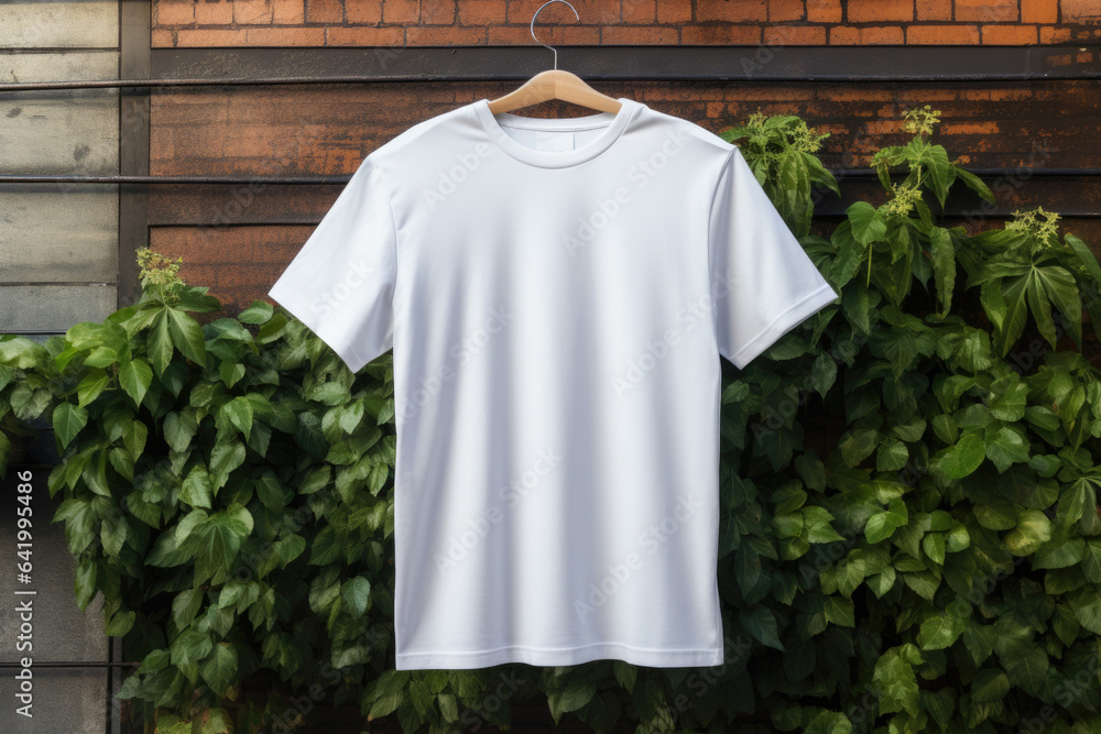 White tshirt mockup on hanger outdoors, AI Generative White tshirt mockup on hanger outdoors, AI Generative