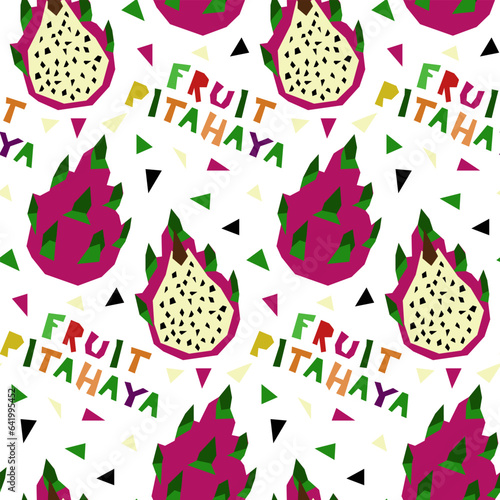 A pattern with an abstract image of pitahaya and a name in the form of geometric shapes. Colorful textile print in tropical style. Packaging for products with a certain taste. Stylized flat vector