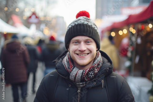 Happy smiling young man in winter clothes at street Christmas in Toronto