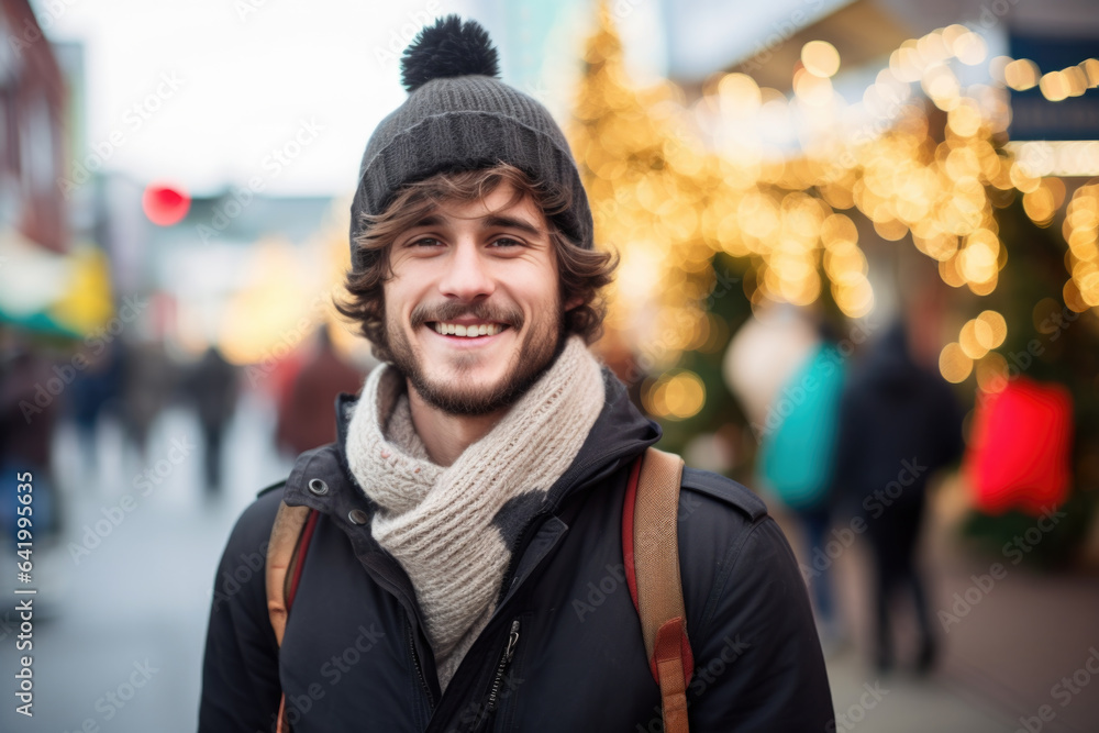 Happy smiling young man in winter clothes at street Christmas in Vancouver Happy smiling young man in winter clothes at street Christmas in Vancouver