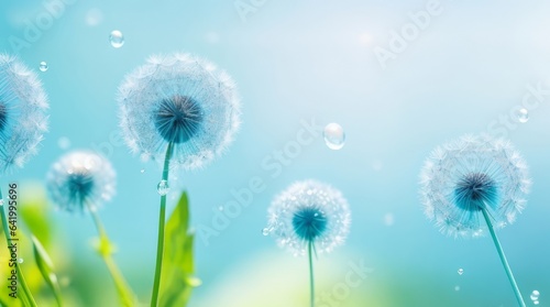 Dandelion flower with water drops on blue sky background. Generative ai
