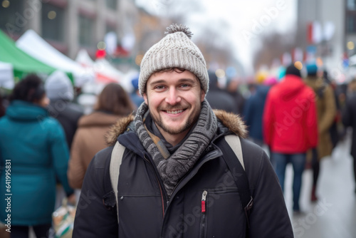 Happy smiling young man in winter clothes at street Christmas in Toronto © Jasmina