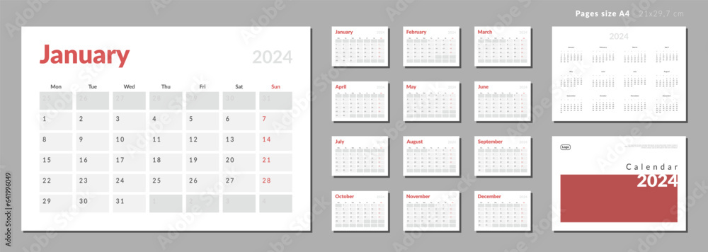 Set of Monthly pages Calendar Planner Templates 2024 with note for wall or desk with Cover and place for Photo, Logo in grey and red color. Pages for size A4 in vector with week start Monday. Set of Monthly pages Calendar Planner Templates 2024 with note for wall or desk with Cover and place for Photo, Logo in grey and red color. Pages for size A4 in vector with week start Monday.