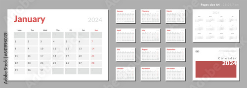 Set of Monthly pages Calendar Planner Templates 2024 with note for wall or desk with Cover and place for Photo, Logo in grey and red color. Pages for size A4 in vector with week start Monday.