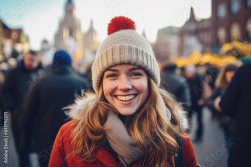 Young happy smiling woman in winter clothes at street Christmas market in Amsterdam
