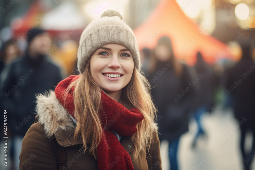 Young happy smiling woman in winter clothes at street Christmas market in Vancouver Young happy smiling woman in winter clothes at street Christmas market in Vancouver