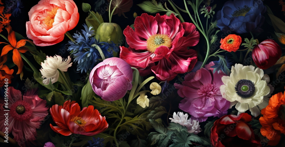 digital painting of many colorful flowers Pattern, black background
