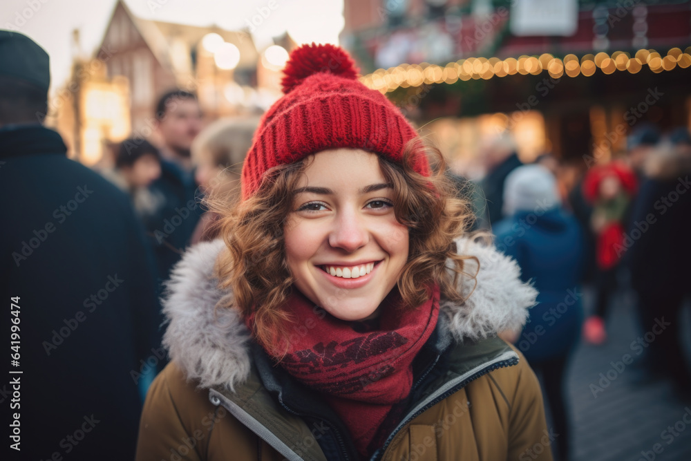 Young happy smiling woman in winter clothes at street Christmas market in Amsterdam Young happy smiling woman in winter clothes at street Christmas market in Amsterdam