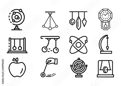 Vector line icon of pendulum types. Newton cradle, metronome, perpetuum mobile, gyroscope. Linear pictogram editable stroke for site, brochure of hypnosis, hypnotherapy.