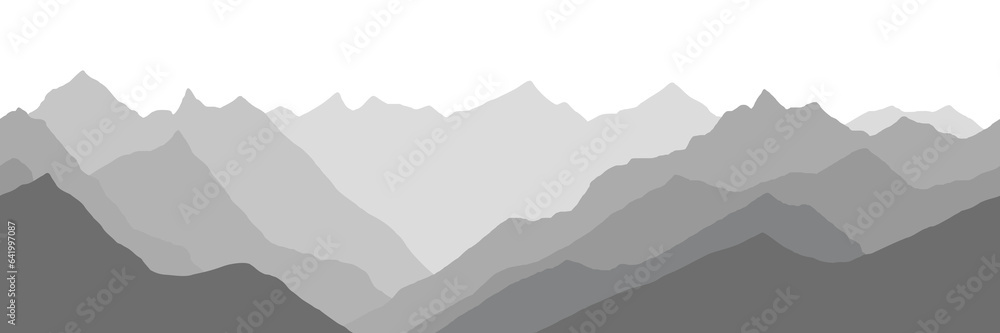 Black and white mountain landscape, ridges in the fog, seamless border, panoramic view