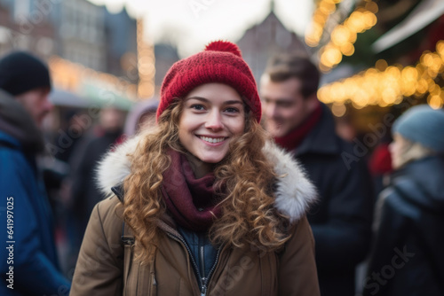 Young happy smiling woman in winter clothes at street Christmas market in Amsterdam