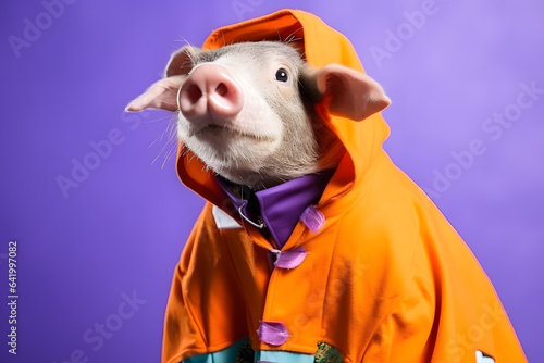 Portrait of a pig wearing a raincoat and an umbrella in studio, colorful background. Autumn concept. Generative AI