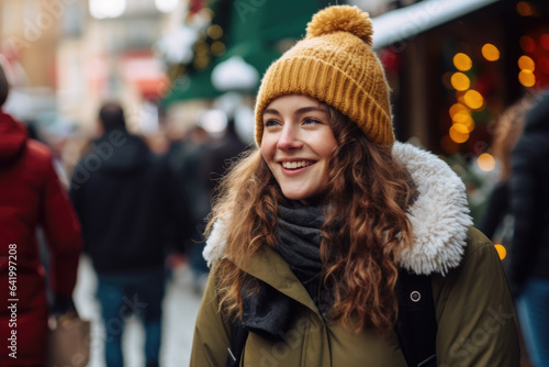 Young happy smiling woman in winter clothes at street Christmas market in Utrecht