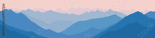 Sunrise in the mountains, seamless border, panoramic view, vector illustration