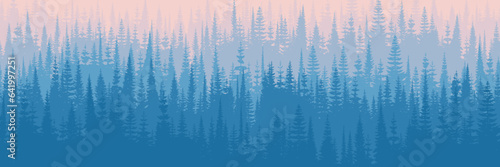 Coniferous forest in the morning haze, seamless border, banner