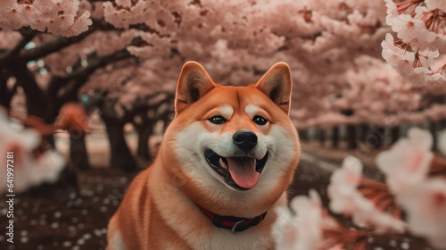 Shiba inu dog with cherry blossom sakura background.