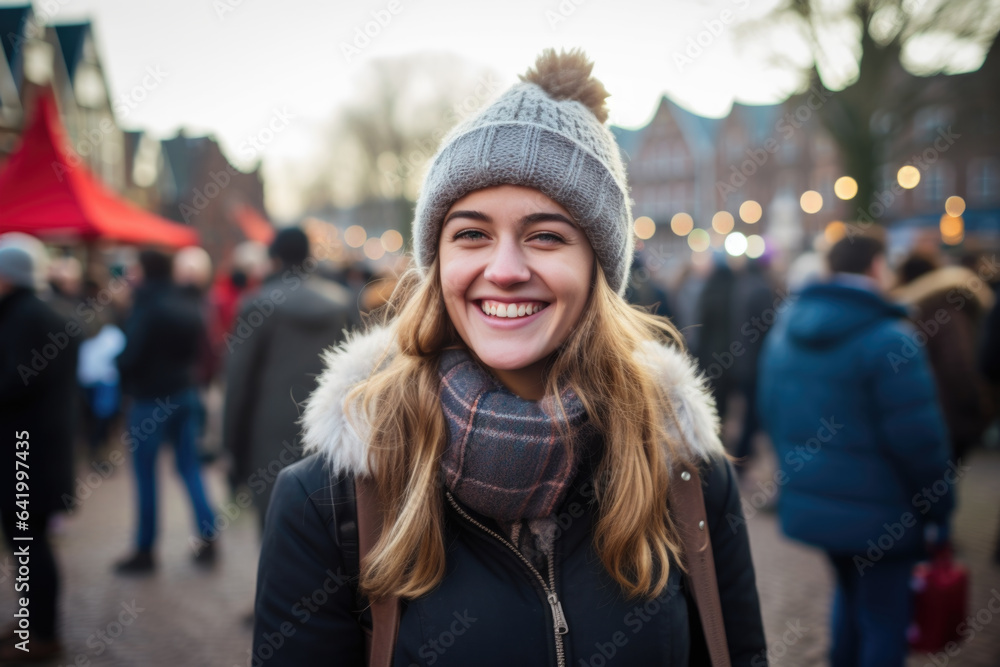 Young happy smiling woman in winter clothes at street Christmas market in Amsterdam Young happy smiling woman in winter clothes at street Christmas market in Amsterdam