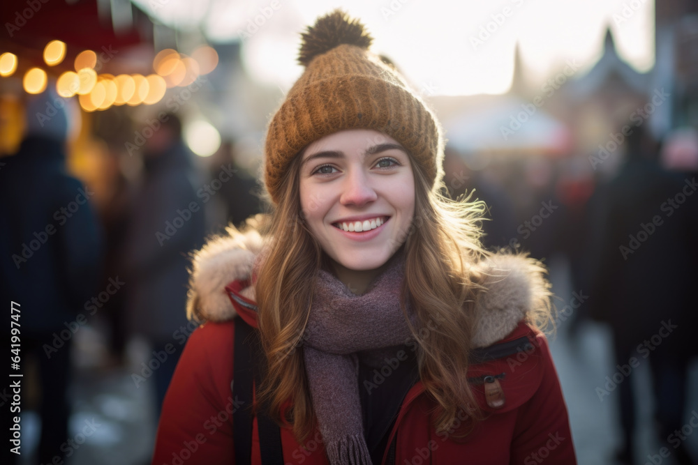 Young happy smiling woman in winter clothes at street Christmas market in Utrecht Young happy smiling woman in winter clothes at street Christmas market in Utrecht