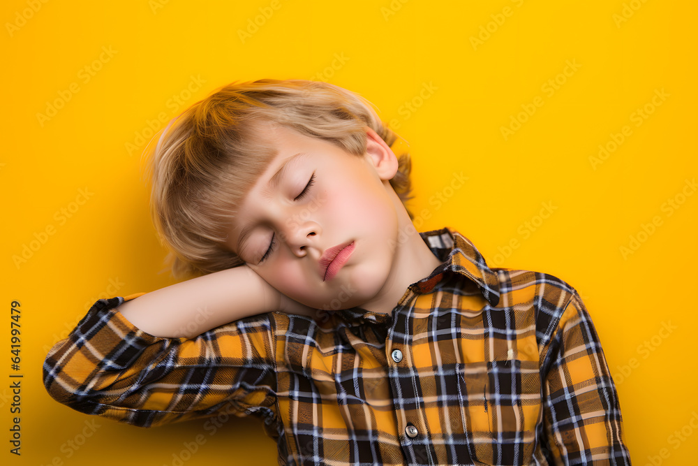 Studio portrait of a little boy being tired and sleepy, isolated on colorful background. Kids emotions or moods concept. Generative AI Studio portrait of a little boy being tired and sleepy, isolated on colorful background. Kids emotions or moods concept. Generative AI